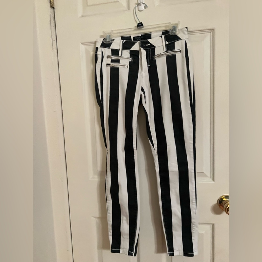 bebe Black and White Vertical Stripe Skinny Jeans